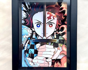 Demon Slayer 3D Shadow Box Fan Art– Handmade Layered Paper Diorama, Tanjiro & Kyojuro, Anime Wall Decor, Gift for Fans and Art Collectors