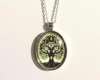 Vintage Tree of Life Pendant Necklace, Oval Glass Cabochon, Handmade Spiritual Jewelry, Healing Gift, Boho Minimalist, Nature Inspired