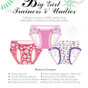 May include: A sewing pattern for making children's underwear. The pattern includes three stages of underwear, from training pants to real undies. The pattern features five sizes, from 18 months to 5T. The pattern also includes instructions for hidden snaps, a bikini cut shape, and a sling-type soaker for faster drying.