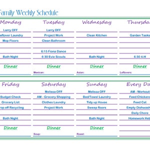 Simple Family Weekly Schedule - Excel Template