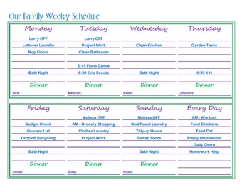 Simple Family Weekly Schedule - Excel Template