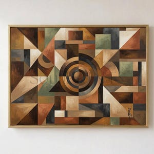 Pode incluir: Uma pintura retangular emoldurada apresentando uma composição geométrica de triângulos, quadrados e círculos concêntricos sobrepostos em tons de marrom, bege, creme, verde suave e cinza carvão, com uma assinatura no canto inferior direito.