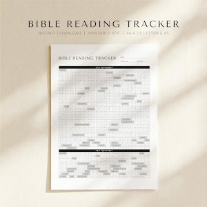 May include: A white Bible Reading Tracker printable with the title at the top. The tracker is divided into Old and New Testaments, with a grid to mark reading progress. The text "Instant Download" is also visible.