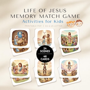 Könnte beinhalten: Ein Memory-Spiel mit Illustrationen von Szenen aus dem Leben Jesu. Das Spiel enthält 24 Szenen und 48 Karten. Der Text auf dem Bild lautet "Life of Jesus Memory Match Game Activities for Kids".