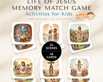 Bible Memory Match Game for Kids, Life of Jesus Matching Cards, Sunday School Bible Game, Christian Kids Printable Activity