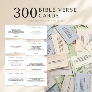 Puede incluir: Un conjunto de 300 tarjetas de versículos bíblicos en colores pastel. Cada tarjeta presenta una cita y una referencia bíblica. Las tarjetas están disponibles como PDF imprimible en tamaños A4 y US Letter.
