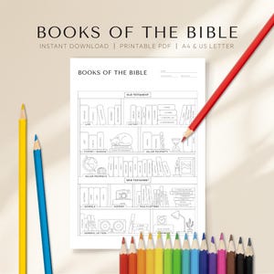 May include: A black and white printable PDF titled "BOOKS OF THE BIBLE" with a bookshelf design. A red pencil and several colored pencils are in the image. The text includes "INSTANT DOWNLOAD | PRINTABLE PDF | A4 & US LETTER".