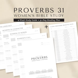 May include: A stack of white paper study guides and a reading plan. The guides are titled "Proverbs 31 Women's Bible Study" and include a 4-week study guide and a 31-day reading plan. The guides have text such as "Wisdom in Character" and "Wisdom in Words".
