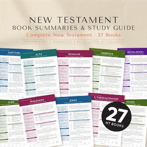 Guía de estudio bíblico del Nuevo Testamento, 27 resúmenes de libros, panorama de las Escrituras, estudio en grupos pequeños, PDF imprimible, descarga digital.