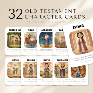 32 Bible Character Flashcards Printable, Sunday School Flashcards, Christian Homeschool Printable, Old Testament Bible Characters for Kids