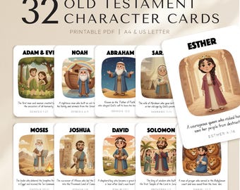 32 Bible Character Flashcards Printable, Sunday School Flashcards, Christian Homeschool Printable, Old Testament Bible Characters for Kids