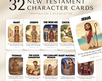32 Bible Character Flashcards Printable, Sunday School Flashcards, Christian Homeschool Printable, New Testament Bible Characters for Kids
