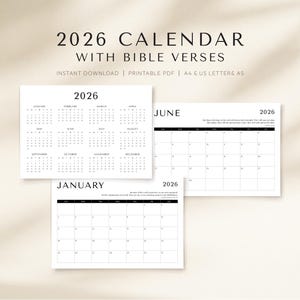 Calendario cristiano imprimible 2026, calendario mensual con versículos bíblicos, calendario cristiano minimalista, descarga instantánea, tamaño A4, carta, tamaño A5