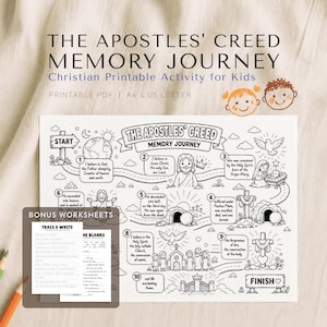 May include: A black and white printable activity sheet titled The Apostles' Creed Memory Journey, featuring a numbered path with illustrations of biblical scenes, plus two bonus worksheets for tracing and filling in the blanks for kids.