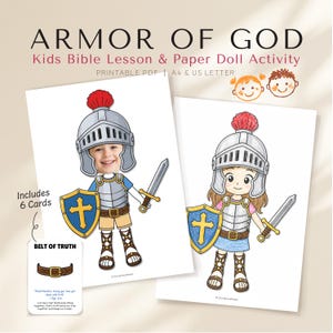 Armadura de Dios: PDF imprimible para niños, lección bíblica, actividad con muñecos de papel, páginas para colorear, manualidad de vestir con fotos, escuela dominical.
