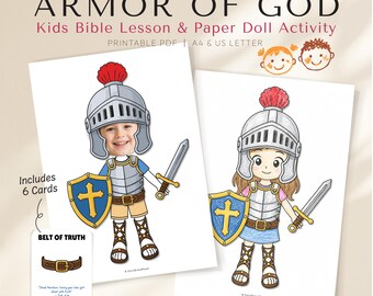 Armor of God Printable PDF for Kids, Bible Lesson, Paper Doll Activity, Coloring Pages, Photo Dress Up Craft, Sunday School