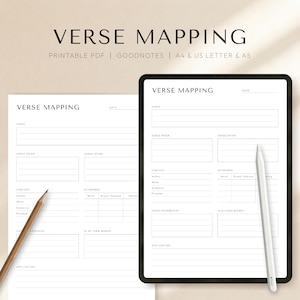 Puede incluir: Una tableta digital y una hoja impresa que muestra "VERSE MAPPING" con secciones para verso, contexto y palabras clave. También se ve el texto "PRINTABLE PDF | GOODNOTES | A4 & US LETTER & A5".