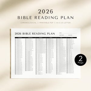Puede incluir: Un plan de lectura bíblica de 2026 en blanco con un diseño cronológico. El texto incluye el año, "Bible Reading Plan", y las palabras "Chronological, Printable PDF, A4 & US Letter". El plan está dividido en meses con los capítulos bíblicos enumerados.