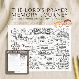 Peut inclure: Feuille d'activité imprimable en noir et blanc pour enfants, intitulée "The Lord's Prayer Memory Journey". La feuille comprend des illustrations et du texte de la prière, avec des feuilles de travail supplémentaires. Le texte comprend "Christian Printable Activity for Kids."