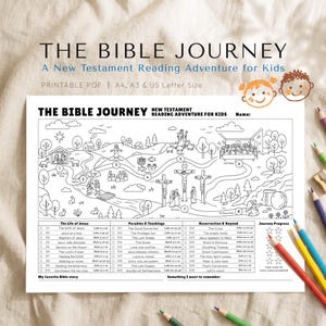 May include: Black and white printable PDF titled "THE BIBLE JOURNEY" with a New Testament reading adventure theme for kids. The page features illustrations of biblical scenes and a section to track progress. Colored pencils are visible.