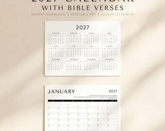 2027 Printable Christian Calendar, Monthly Bible Verse Calendar, Minimal Christian Calendar, Instant Download, A4, Letter, A5