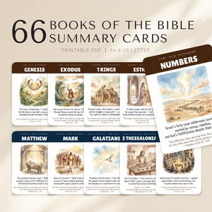 May include: A set of 66 Books of the Bible summary cards. Each card features a title, a brief summary, and a related illustration. The cards are designed for printable PDF format, with A4 and US Letter sizes available.