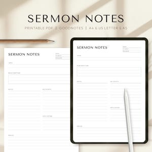 Könnte beinhalten: Eine digitale Predigtnotizvorlage mit dem Text "SERMON NOTES" oben. Die Vorlage enthält Abschnitte für Datum, Kirche, Redner, Thema, Hauptschriftstelle, Notizen, Kernpunkte, Anwendung und Gebet. Ein Bleistift und ein Tablet mit Stift sind ebenfalls sichtbar.