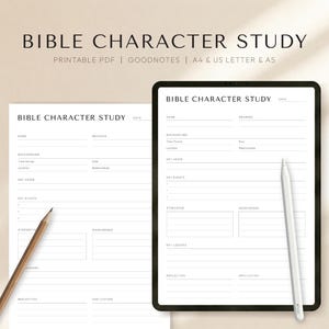 Peut inclure: Un modèle numérique d'étude de personnage biblique avec le titre en haut. Le modèle est affiché sur une feuille de papier blanche et une tablette. Le modèle comprend des sections pour le nom, la signification, le contexte, le verset clé, les événements clés, les forces, les faiblesses, les leçons clés, la réflexion et l'application.