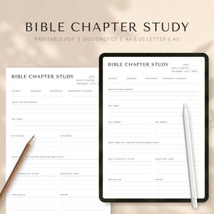 May include: A Bible Chapter Study printable template featuring sections for author, audience, time period, purpose, main summary, key verse, themes, keywords, lessons about God, personal reflections, questions, application, and prayer.
