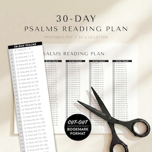 May include: A printable 30-day Psalms reading plan in PDF format, with a bookmark cut-out design. The plan lists Psalms 1-140, with a black pair of scissors on the right side of the image.