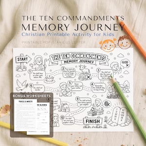 May include: Black and white printable activity sheet titled "The Ten Commandments Memory Journey" for kids. Includes illustrations of biblical scenes and text. Features bonus worksheets and the text "Christian Printable Activity for Kids".