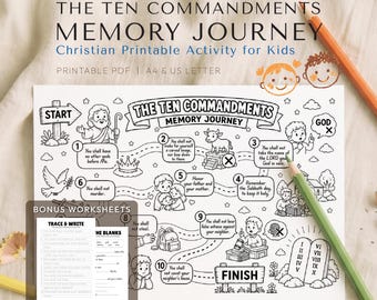 Ten Commandments Coloring Page for Kids, Bible Memory Worksheet, Christian Activity Printable, Sunday School, VBS, Homeschool
