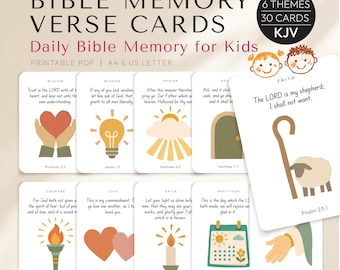 Bible Memory Verse Cards, Back to School, 30 KJV Scripture Cards for Kids, Christian Printable PDF