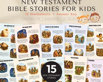 New Testament Bible Stories for Kids, 15 Printable Bible Lessons, Worksheets Included, Sunday School, Homeschool, VBS Summer Activity