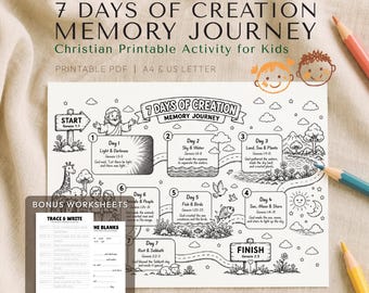 7 Days of Creation Memory Journey, Coloring Page for Kids, Christian Printable, Sunday School VBS Worksheet, Homeschool Bible Activity