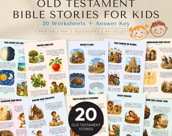 Old Testament Bible Stories for Kids, 20 Printable Bible Lessons, Worksheets Included, Sunday School, Homeschool, VBS Summer Activity