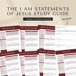 Könnte beinhalten: Ein digitaler Studienführer mit dem Titel THE I AM STATEMENTS OF JESUS STUDY GUIDE, bestehend aus mehreren Seiten mit dunkelroten Überschriften und hellrosa Abschnitten. Die Seiten enthalten Text, Bibelstellen und ein Arbeitsblatt für A4 und US-Letter.