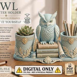 May include: A light blue and cream-colored desk organizer featuring a central owl figurine perched on three stacked books labeled Natural History, Philosophy, and Mythology, flanked by two cylindrical containers with fleur-de-lis accents.