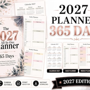 Op de afbeelding: Een 2027 planner met een roségouden en bloemrijke omslag, inclusief interne pagina's voor dagelijkse, wekelijkse en maandelijkse organisatie, een wachtwoordtracker en kalenderoverzichten. De tekst bevat The 2027 All-In-One Planner 365 Days.