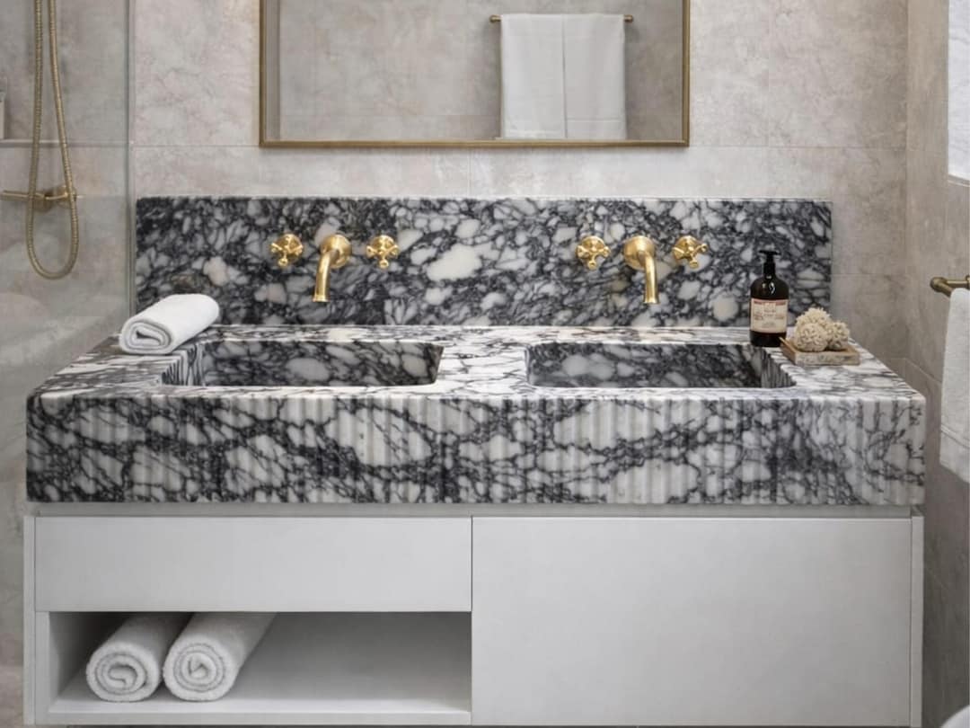 Solid Marble Double Vanity Sink, Integrated Natural Stone Bathroom ...