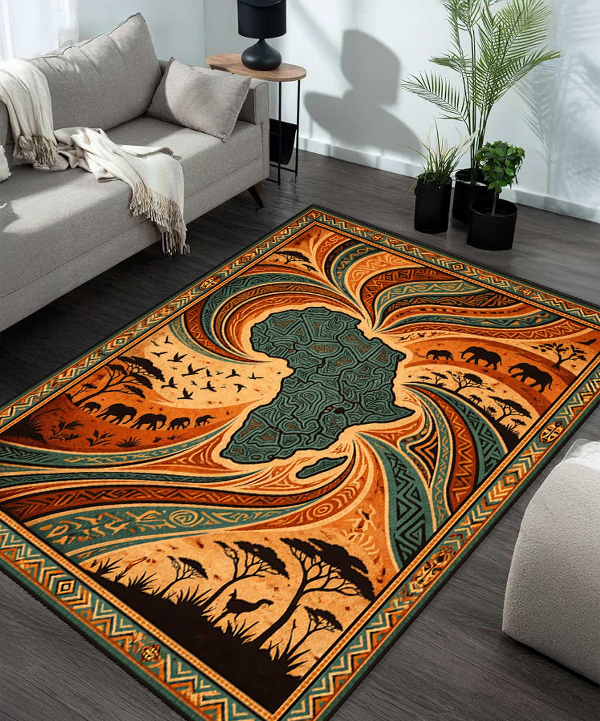 African Map Area Rug, Tribal Safari Wildlife Floor Mat, Ethnic ...