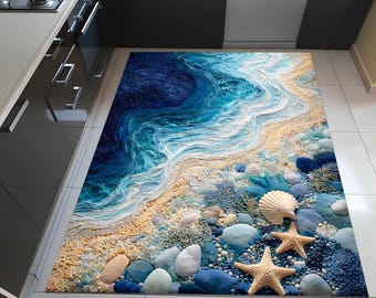 Coastal Kitchen Rug Ocean Wave Kitchen Mat Beach House Kitchen Decor Seashell Starfish Rug Blue Coastal Sink Matirunner kitchen rug