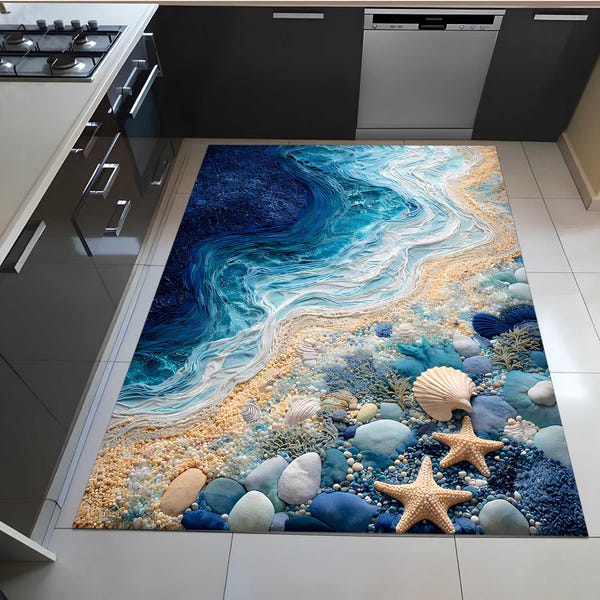 Coastal Kitchen Rug Ocean Wave Kitchen Mat Beach House Kitchen Decor Seashell Starfish Rug Blue Coastal Sink Matirunner kitchen rug