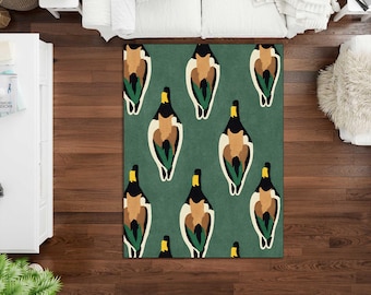 Duck Pattern Rug, Farmhouse Animal Area Rug,Cute Mallard Duck Carpet, Cabin Lake House Decor Rug, Rustic Country Living Room Rug,printed rug