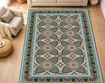 Peacock Eyes Teal Mosaic Print Vinyl Mat, Brown flooring, Blue PVC Mat, Tiles Vinyl Floor Mat, Easy To Clean, Area Rug, Kitchen Mat