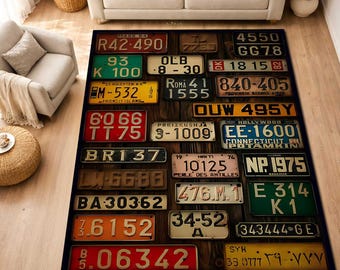 Retro License Plate Rug: American Car Decor, Non-Slip Polyester