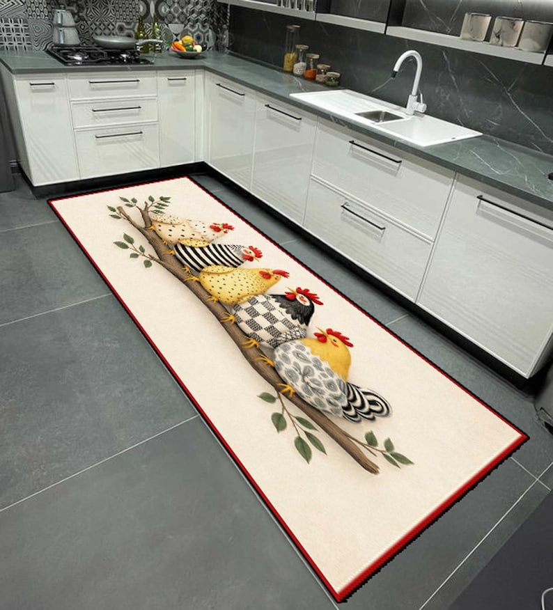 Kitsch Rugs Chicken Family Floor Rug Kitsch Country Kitchen Mat Funny Farm Rooster ...