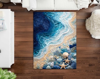 3D Ocean Wave Area Rug, Realistic Beach Shoreline Floor Mat, Coastal Seashell & Starfish Decor, Blue Deep Sea Living Room,printed rug