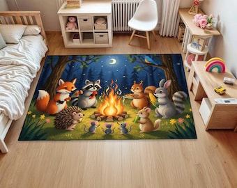 Woodland Animals Rug, Kids Forest Camping Rug, Cute Animal Campfire Play Mat, Nursery Story Rug, Baby Room Decor, Kids Carpet,printed rug