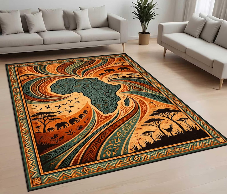 African Map Area Rug, Tribal Safari Wildlife Floor Mat, Ethnic ...